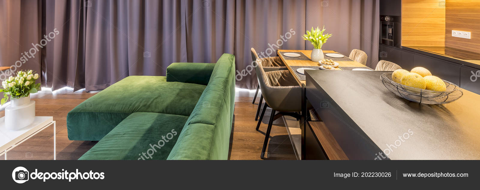 Header Living Room Interior Sofa Kitchen Area Dining Table Chairs Header Living Room Interior Sofa Kitchen Area Dining Table Chairs Stock Photo