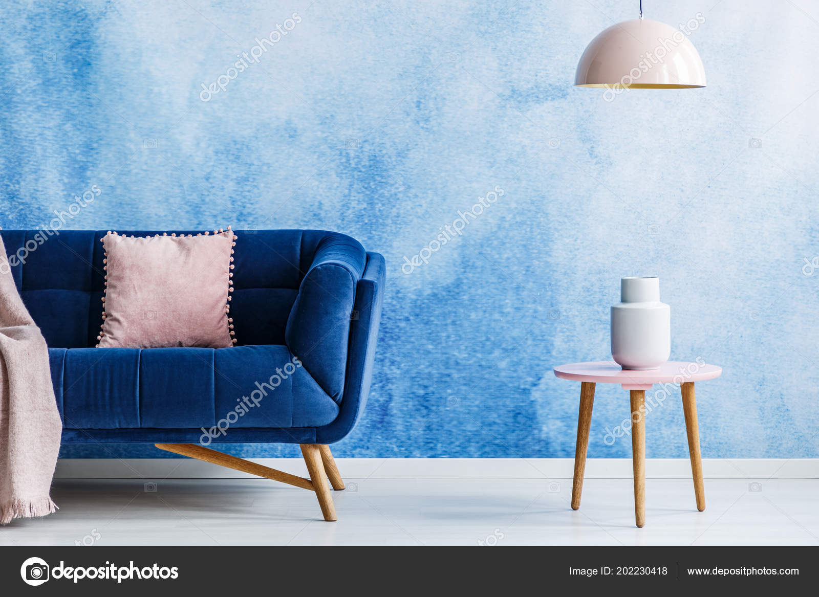 Blue Soft Pink Minimal Style Living Room Interior Dark Couch