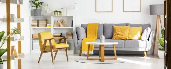 Real Photo Couch Yellow Pillows Standing Next Shelves Books Ornaments — Stock Photo, Image