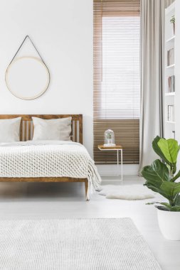 Örgü Battaniye ahşap Çift Kişilik Yatak parlak yatak odası iç duvar, pencere güneşlikler ve yeşil bitki boş yuvarlak ayna ile yerleştirilen