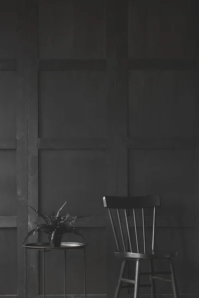 Zwarte Stoel Naast Tafel Met Fabriek Monochromatisch Kamer Interieur Echte — Stockfoto