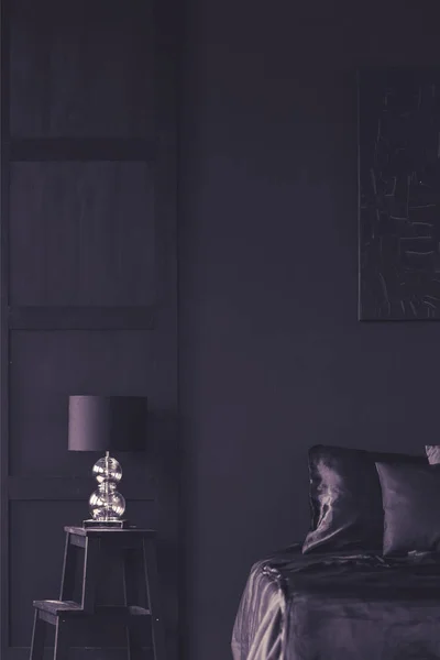 Lamp Wooden Stool Next Bed Dark Violet Hotel Bedroom Interior — Stock Photo, Image