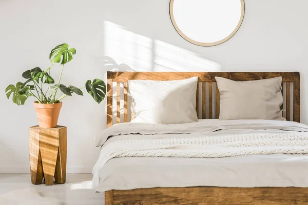 Увлажненная Двуспальная Кровать Белыми Подушками Простынями Ножевым Одеялом Стоящая Ярком — стоковое фото