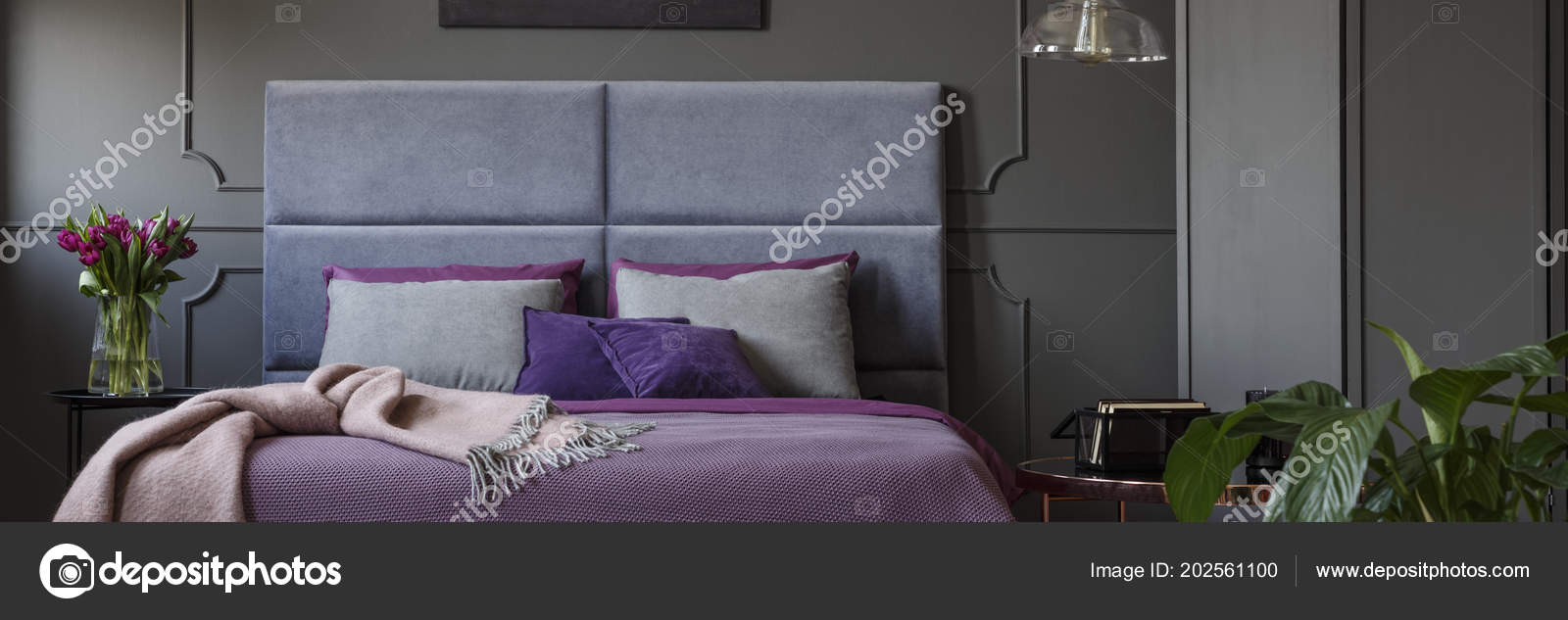 Double Bed Soft Bedhead Purple Bedclothes Grey Pillows