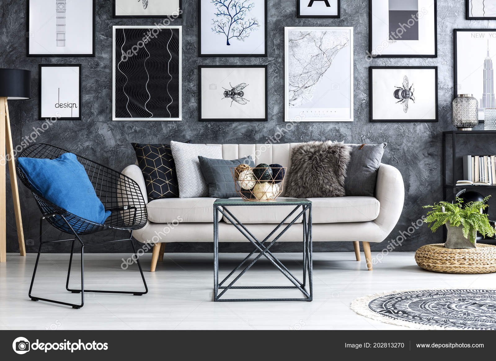 Black Armchair Blue Pillow Beige Sofa Flat Interior Gallery