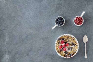 Granola yüksek açı ile ahududu böğürtlen ve nar taneleri ile gri arka plan üzerinde