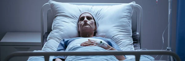 Cover Photo Lonely Sick Woman Lying Hospital Bed Breathing Tube — Stock Photo, Image