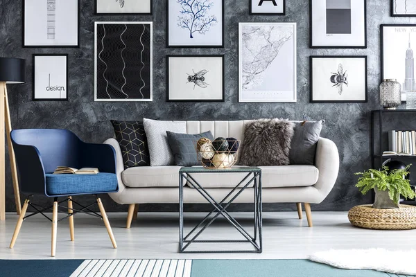 Blue Armchair Next Beige Sofa Living Room Interior Plant Pouf — Stock Photo, Image