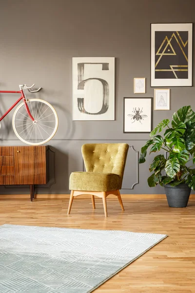 Interior Del Apartamento Con Suelo Madera Bicicleta Roja Carteles Intrigantes —  Fotos de Stock