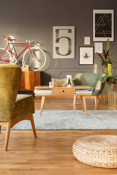Retro Green Gray Living Room Interior Wooden Flooring Rug Pouf — Stock Photo, Image