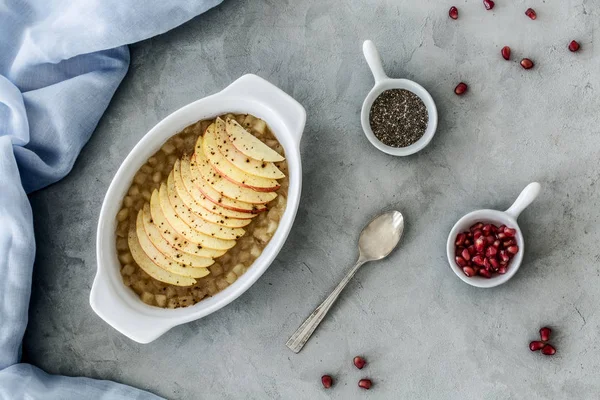 Top View Apple Dessert Next Spoon Grains Pomegranate Linseed — Stock Photo, Image