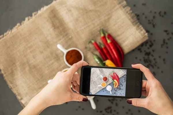 Woman Taking Photo Chili Peppers Spices Smartphone — Stock Photo, Image