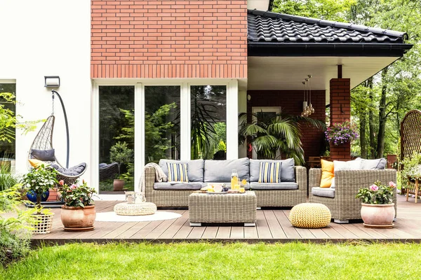 Real Photo Beautiful Terrace Garden Furniture Plants Swing — Stock Photo, Image