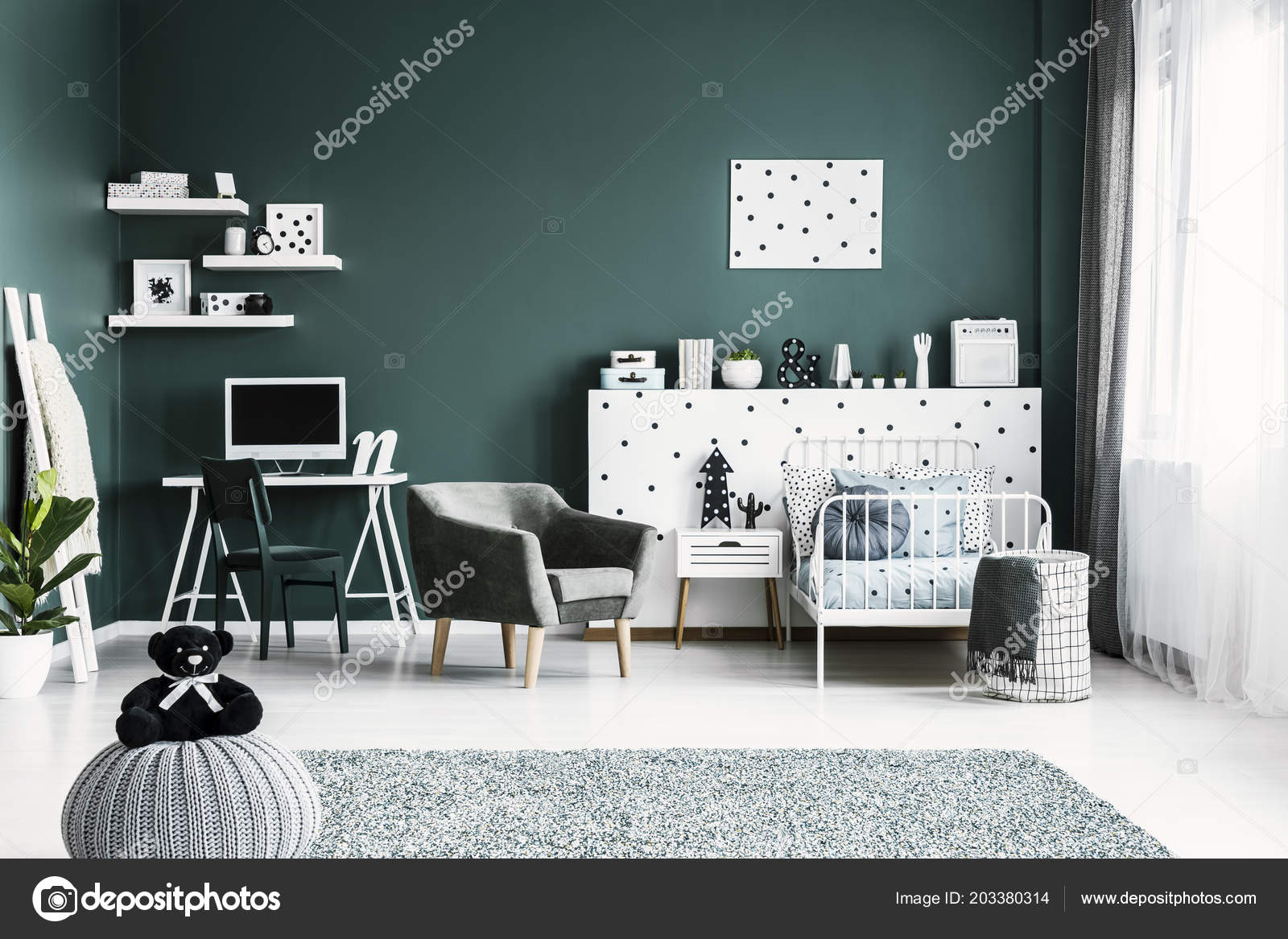 Green Armchair White Desk Bed Modern Teenager Room Interior