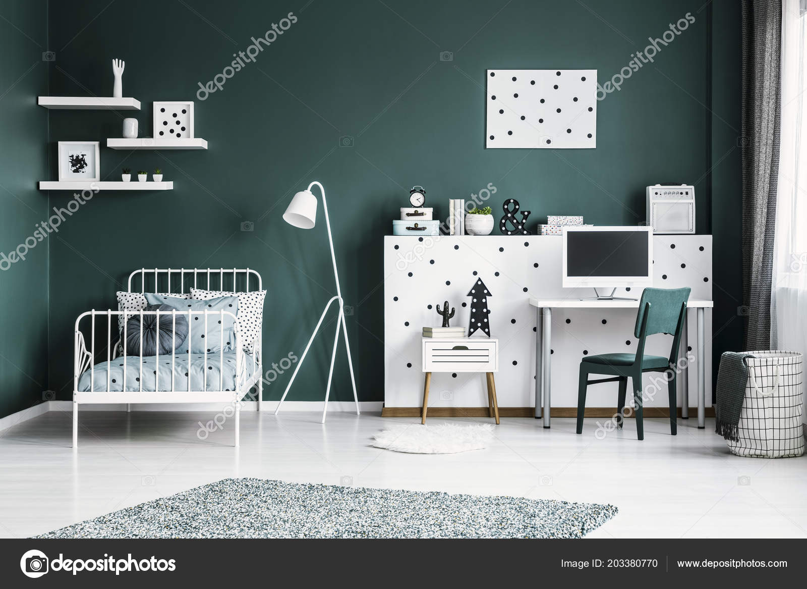 White Lamp Next Bed Green Open Space Interior Computer Monitor