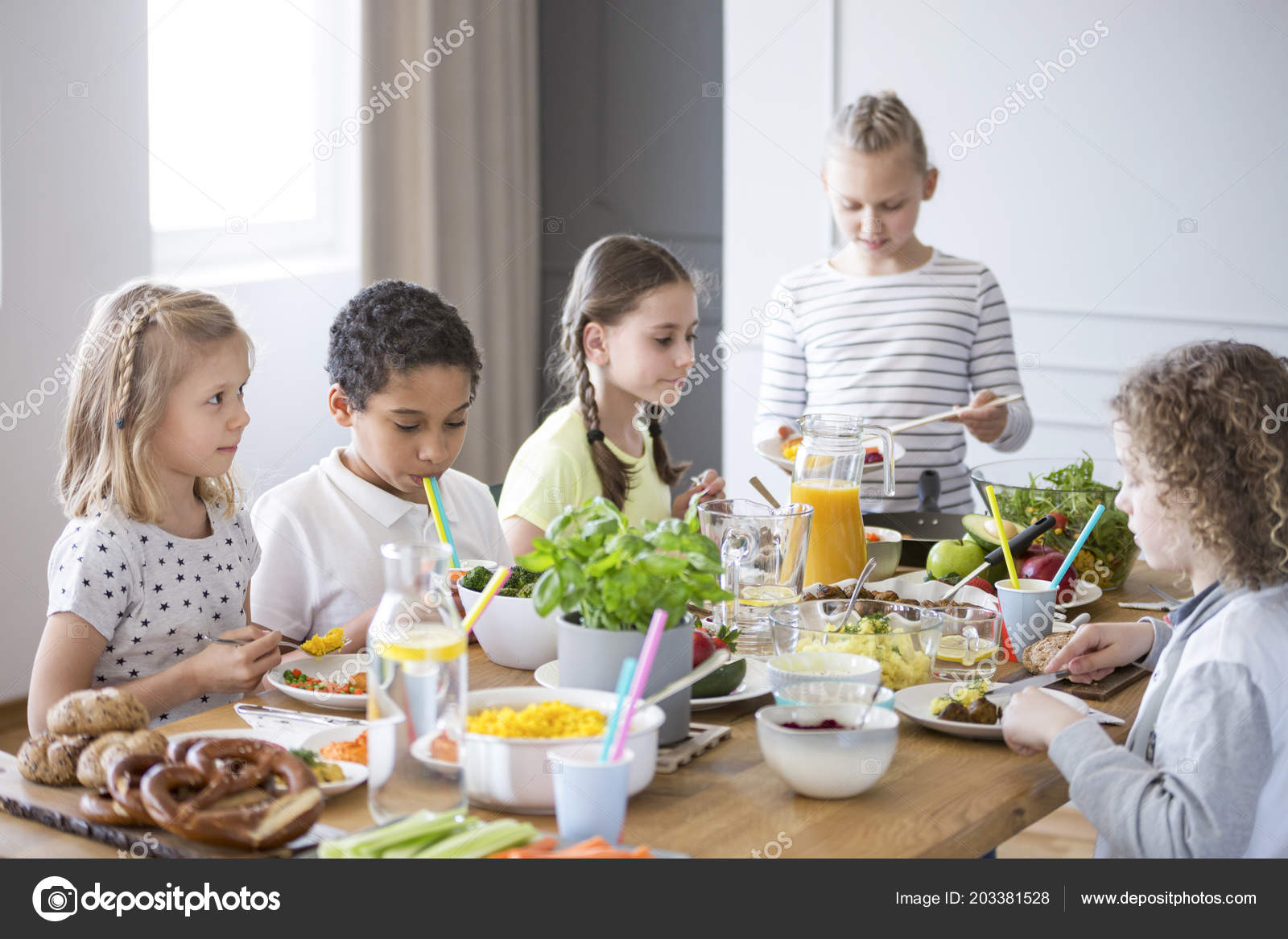 Children Enjoying Healthy Meal Table Dining Room Lunch Break
