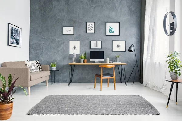 ソファとポスターのギャラリー灰色のホーム オフィス インテリア デスク木の椅子 実際の写真 — ストック写真
