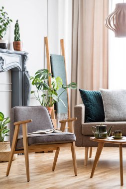 Bir sandalye duran bir sehpa ve şömineli bir salon iç kanepe ve arka planda bitkilerin yanında gerçek fotoğraf