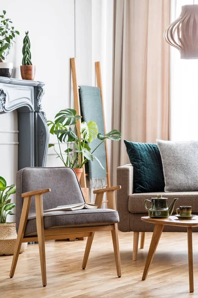 Bir sandalye duran bir sehpa ve şömineli bir salon iç kanepe ve arka planda bitkilerin yanında gerçek fotoğraf