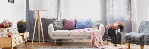 五颜六色的枕头在沙发与粉红色毯子在客厅内部用灰色扶手椅和 Heathers 在木柜子上 — 图库照片