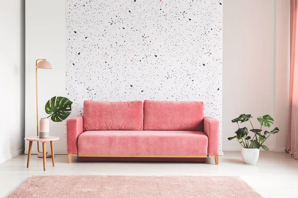 植物と模様の壁の明るいリビング ルーム インテリア ランプ間ピンクのソファ 実際の写真 — ストック写真