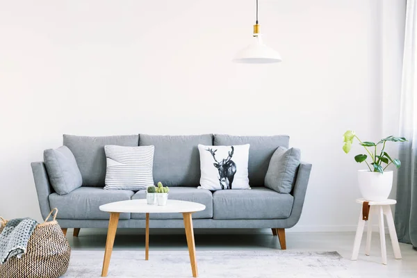Interior Simples Uma Sala Estar Brilhante Com Almofadas Brancas Sofá — Fotografia de Stock