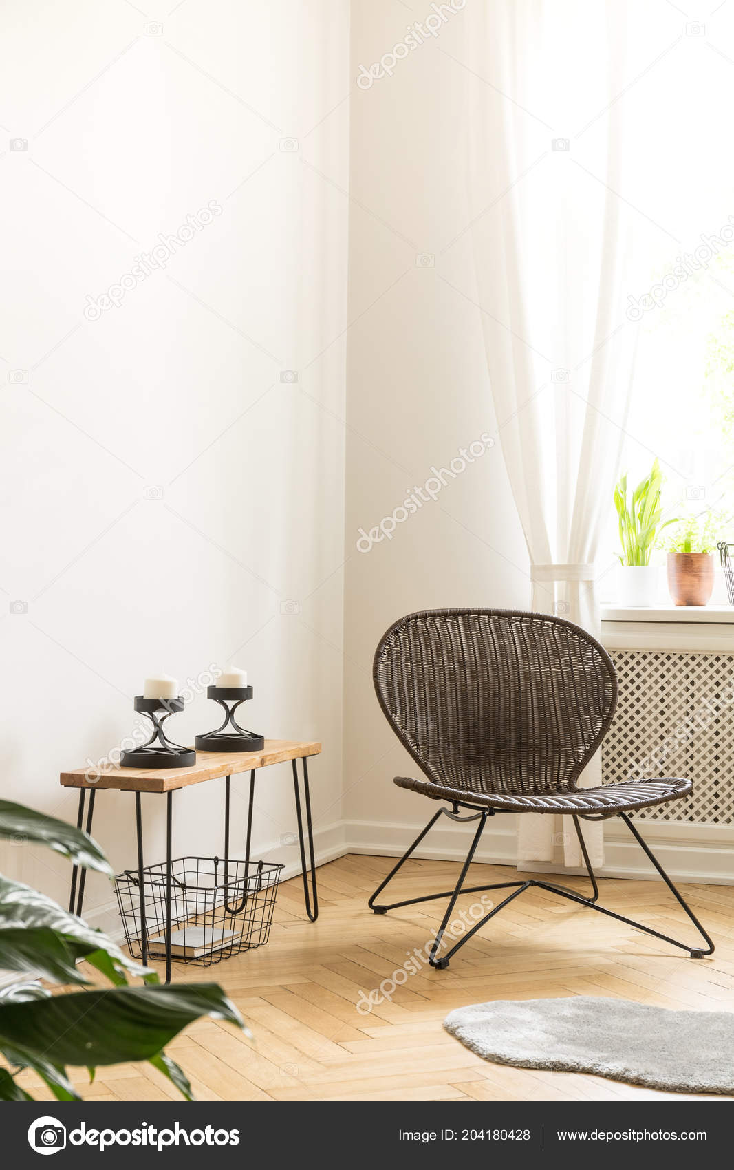 Modern Chair Next Table Candles Holders Set Room Corner Living Modern Chair Next Table Candles Holders Set Room Corner Living Stock Photo