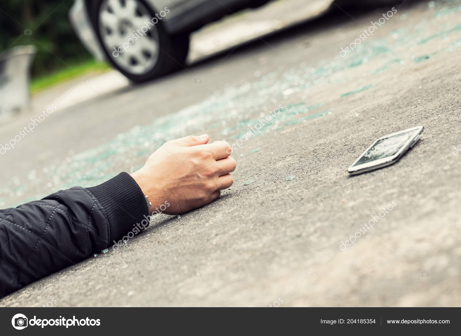 Close Hand Traffic Accident Victim Smartphone Street Crossing Street