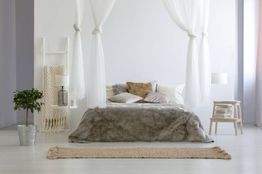 Halı ve lamba ile en az yatak odası iç kahverengi gölgelikli yatakta yanında bitki. Gerçek fotoğraf