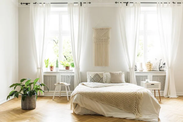 Planta Silla Blanca Lado Cama Con Manta Interior Luminoso Dormitorio — Foto de Stock