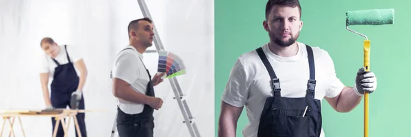 Professional Painter Posing Holding Roller Neo Mint Green Paint Home — Stock Photo, Image