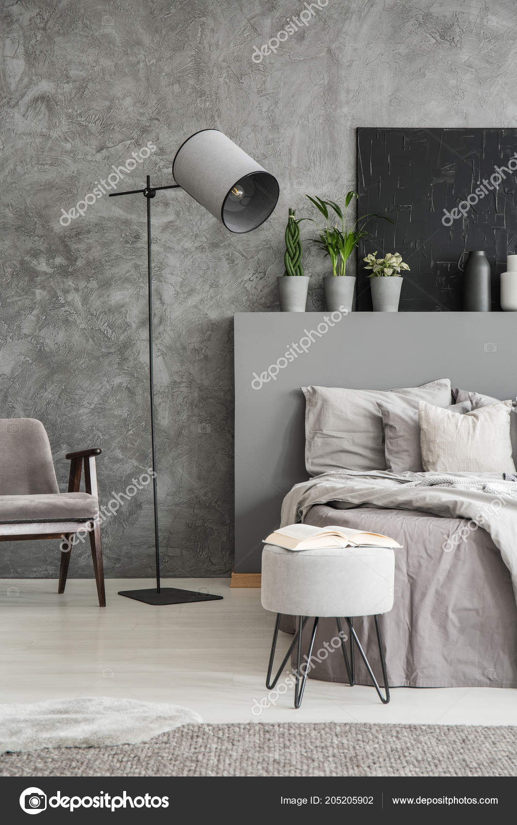Stylish Standing Lamp Next Bed Monochromatic Grey Bedroom Interior Stylish Standing Lamp Next Bed Monochromatic Grey Bedroom Interior Footstool Stock Photo