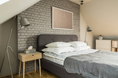 Poster iki lamba ve doku kutusu ile tuğla duvarın Çift Kişilik Tavan arası oda iç gerçek fotoğraf yatak üstünde asılı köpeklerle komidinin yerleştirilir
