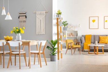 Beyaz ahşap sandalye koltuk ve kanepe ile parlak açık alan iç yemek masada. Gerçek fotoğraf