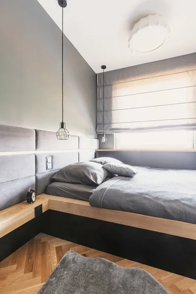 Grey Sheets Cushions Wooden Bed Minimal Bedroom Interior Window Real — Stock Photo, Image