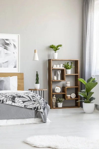 ポスターの下のベッドの上のパターンの毛布で明るい寝室のインテリアの棚上の植物 実際の写真 — ストック写真