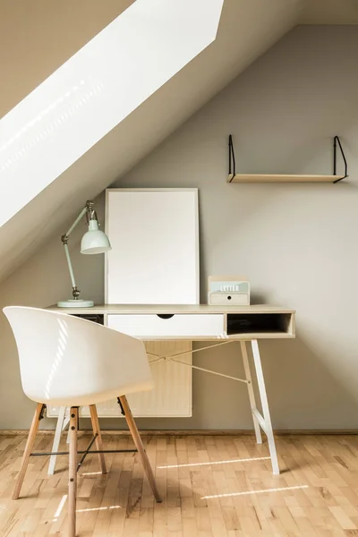 White Chair Desk Lamp Poster Bright Workspace Interior Attic Real — Stock Photo, Image