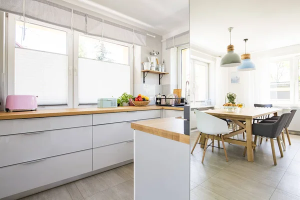 Real Photo Bright Kitchen Interior Windows Dining Table Chairs Mirror — Stock Photo, Image