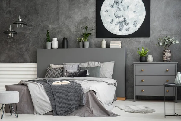 Moon Canvas Grey Wall Monochromatic Cozy Bedroom Interior Bed Cushions — Stock Photo, Image