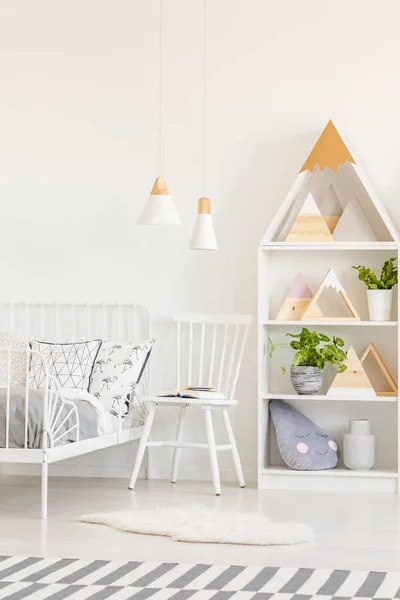 White Chair Fur Next Kid Bed Bright Bedroom Interior Plants — стоковое фото