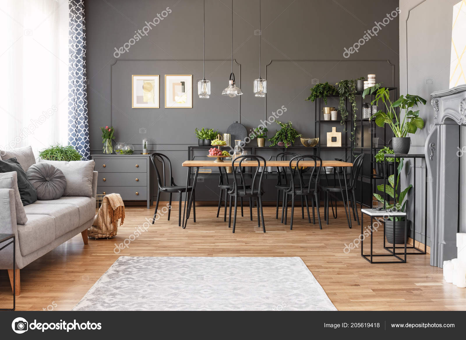 Spacious Flat Interior Gray Sofa Wooden Dining Table Black Chairs Stock Photo