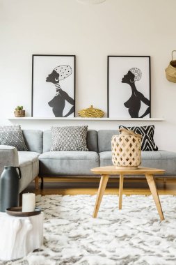 Bir kanepe yastıkları bir raf üzerinde iki boya ile ahşap bir masa oturma odası iç sepete ile yanındaki bir halı üzerinde duran ile gerçek fotoğraf