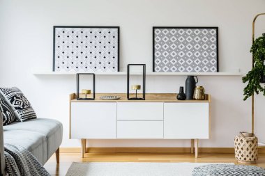 Süsler ile bir dolap ve raf ile bir oturma odası iç kanepe ve bitki yanında ayakta posterler gerçek fotoğrafı