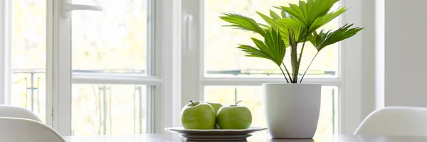 Drie Groene Appels Plaat Verse Plant Witte Pot Staande Tafel — Stockfoto