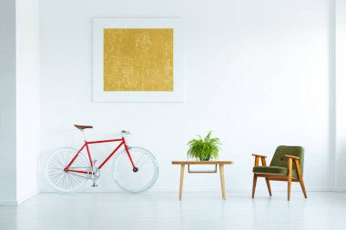 Bir tablonun bir bitki konumu bir koltuk ve oturma odası iç bir resim ile bir bisiklet duvar arasında olan gerçek fotoğraf