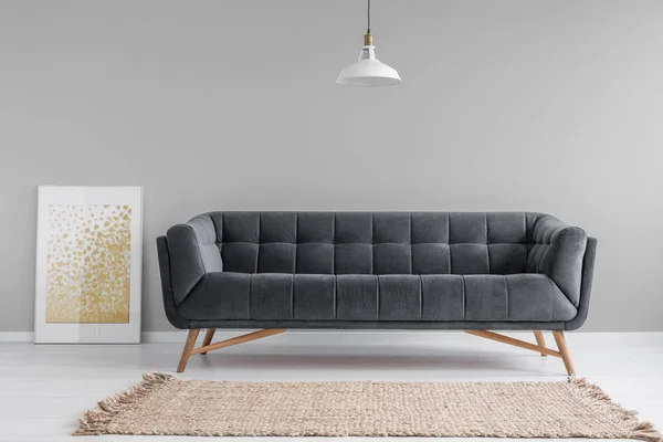 Dark Velvet Sofa Wooden Legs Beige Rug Minimalist Living Room — Stock Photo, Image