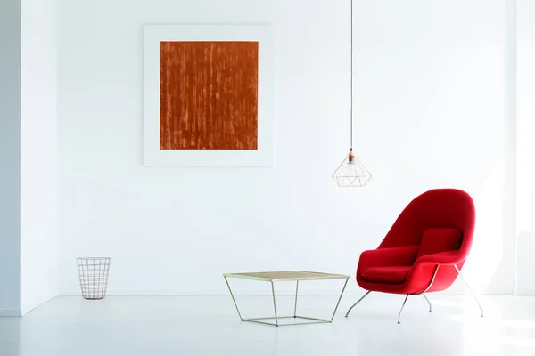 Real Photo Red Armchair Standing Next Metal Table White Living — Stock Photo, Image