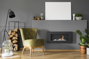 Bitkiler ve salon iç posterdeki mockup siyah bir lamba ve biyografi şöminenin yanında yeşil bir koltuk duran gerçek fotoğraf