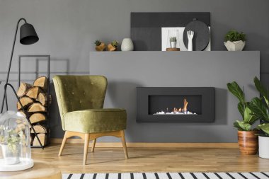 Yeşil koltuk ve gri oturma odası iç bitkiler ile şöminenin yanındaki siyah lamba. Gerçek fotoğraf