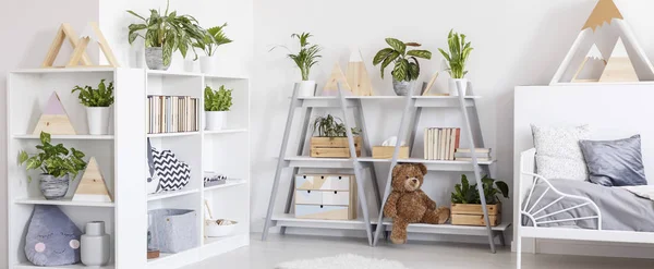 Boeken Dozen Planten Decoraties Planken Een Kid Slaapkamer Interieur — Stockfoto